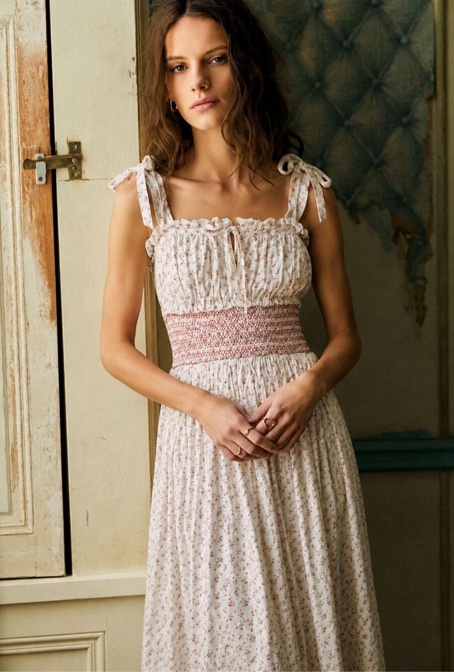 NWT Kate Quinn Cotton Floral Tie Shoulder Smocked Waist Maxi Dress, Small